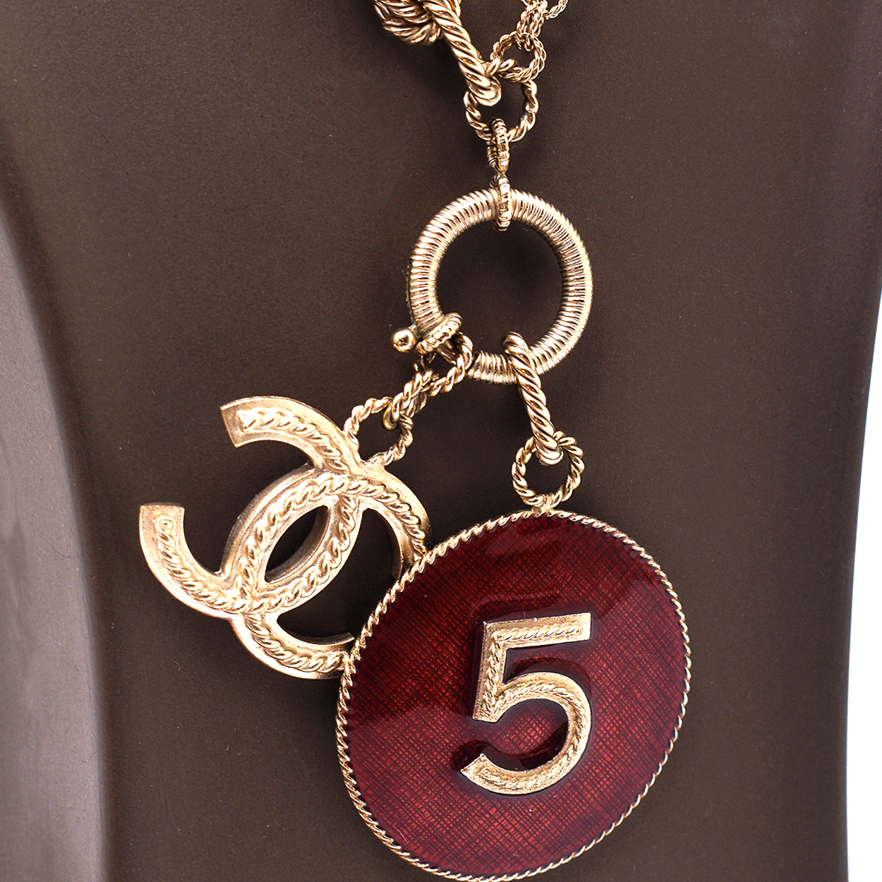 Chanel - Rare CC N°5 Burgundy  Medallion Gold Toned Necklace 